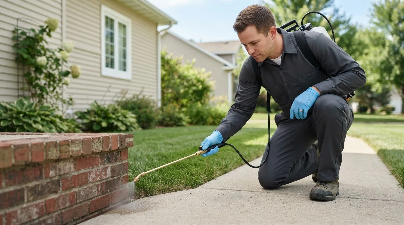 Pest control technician treating a home near North Granville, NY